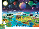 A vibrant 48-piece jigsaw puzzle titled 'Above & Below - Earth & Space' by Crocodile Creek featuring a colorful illustration of various animals in terrestrial and cosmic settings. The puzzle showcases a diverse landscape with elephants, giraffes, and a panda, juxtaposed against a space backdrop filled with planets and stars.