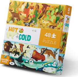Box for Crocodile Creek's Hot + Cold Opposite Puzzles, featuring vibrant illustrations of various animals in hot and cold environments, suitable for ages 4 and up. It contains 48 colorful jigsaw puzzle pieces that promote learning and engagement.