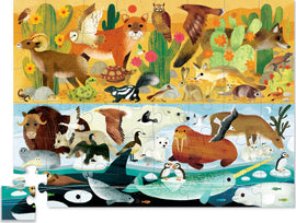 The Hot + Cold Opposite Puzzles featuring a colorful jigsaw puzzle by Crocodile Creek, illustrated with various woodland and aquatic animals divided into two contrasting scenes. The upper section showcases animals in a warm, desert-like environment, including foxes, owls, and cacti. The lower section depicts a cool, oceanic habitat filled with seals, narwhals, and polar bears, all brought to life with vibrant colors and fun character designs.