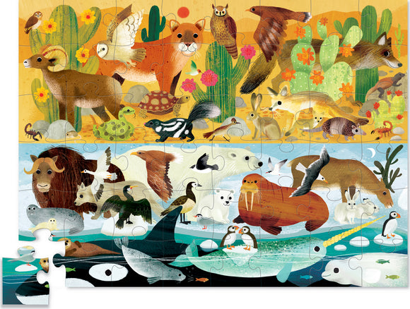 The Hot + Cold Opposite Puzzles featuring a colorful jigsaw puzzle by Crocodile Creek, illustrated with various woodland and aquatic animals divided into two contrasting scenes. The upper section showcases animals in a warm, desert-like environment, including foxes, owls, and cacti. The lower section depicts a cool, oceanic habitat filled with seals, narwhals, and polar bears, all brought to life with vibrant colors and fun character designs.