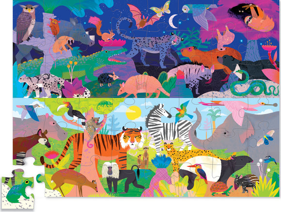 A vibrant 48-piece jigsaw puzzle by Crocodile Creek featuring a colorful scene divided into two halves. The upper half depicts a nighttime environment with various animals like owls, bats, and a crocodile, set against a starry sky. The lower half showcases a daytime landscape filled with a variety of wildlife including a tiger, zebra, and elephants, surrounded by lush greenery and flowers. The artwork is bright and engaging, perfect for children learning about animals.