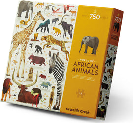Box of a 750-piece jigsaw puzzle titled 'World of African Animals' by Crocodile Creek. The box features colorful illustrations of various African animals, including giraffes, zebras, elephants, and lions, surrounded by an artistic background.