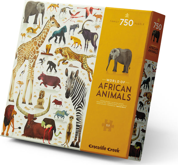 Box of a 750-piece jigsaw puzzle titled 'World of African Animals' by Crocodile Creek. The box features colorful illustrations of various African animals, including giraffes, zebras, elephants, and lions, surrounded by an artistic background.