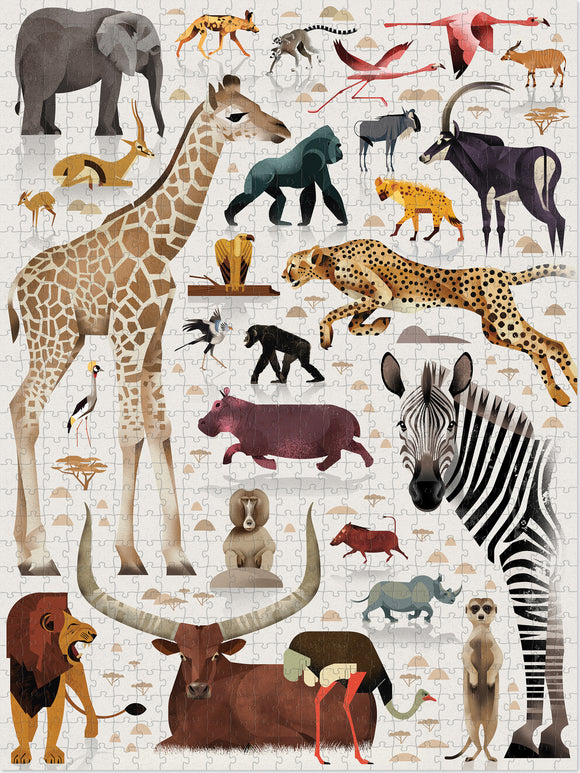 A colorful and intricately designed 750-piece jigsaw puzzle titled 'World of African Animals' by Crocodile Creek. The puzzle features various African animals, including a giraffe, elephant, lion, zebra, leopard, gorilla, and hippo, depicted in a playful and artistic style. Each animal is set against a light background, making them visually distinct and engaging.