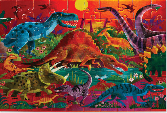 A vibrant 60-piece jigsaw puzzle featuring colorful dinosaurs in a lush prehistoric landscape. The puzzle showcases various species, including T-Rex and Stegosaurus, against a striking sunset background filled with flora and fauna. Ideal for children, it encourages imaginative play and cognitive development.