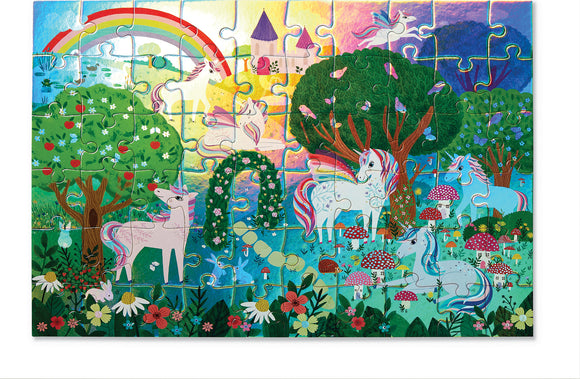 A colorful 60-piece jigsaw puzzle featuring a whimsical scene with unicorns in a vibrant landscape. The artwork displays a rainbow, lush green trees, blooming flowers, and playful butterflies, creating a magical and enchanting atmosphere.