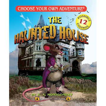 The cover of the book 'The Haunted House' from the Choose Your Own Adventure series, featuring a cartoon mouse in a purple coat and striped pants. The background displays a spooky, dilapidated mansion under a blue sky, with text highlighting 'Possible 12 Endings'.