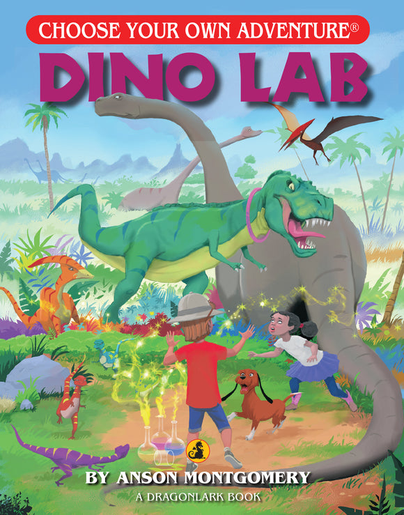 Cover of 'Dino Lab' from 'Choose Your Own Adventure', illustrated with a colorful prehistoric scene. A boy and a girl interact with dinosaurs, including a large green T-Rex. The boy, wearing a hat, reaches out as colorful potions bubble nearby. Lush plants and various dinosaur species create a vibrant backdrop, evoking an adventurous exploration theme.