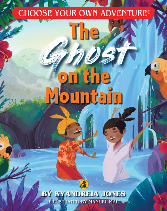 Cover of 'The Ghost on the Mountain' by Kyandreia Jones. Features two children joyfully exploring a vibrant, tropical landscape with a waterfall and colorful wildlife. The title is prominently displayed in bold orange letters against a lush background.