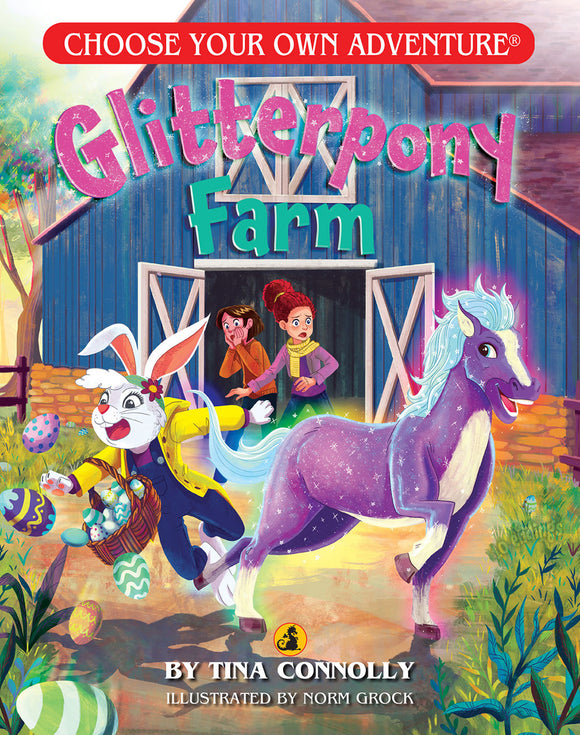 Cover of the 'Glitterpony Farm' book from Choose Your Own Adventure, featuring a colorful illustration of a rabbit character in a yellow jacket, holding a basket of eggs, with two children exclaiming in surprise. A shimmering purple pony stands nearby against a backdrop of a barn and greenery, creating a whimsical adventure scene.