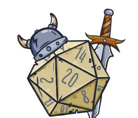 A playful illustration featuring a twenty-sided die adorned with a Viking helmet, alongside a sword. This design captures the essence of an adventurous After School D&D program by Eureka Puzzles, inviting creativity and imagination.