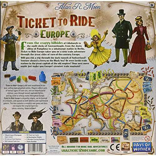 The back cover of the board game 'Ticket to Ride: Europe' by Days of Wonder, featuring colorful illustrations of characters, a map of Europe, game components like train pieces and tickets, and a brief description of gameplay. The design showcases the enticing adventure of traveling across historic European cities by train.
