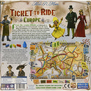 The back cover of the board game 'Ticket to Ride: Europe' by Days of Wonder, featuring colorful illustrations of characters, a map of Europe, game components like train pieces and tickets, and a brief description of gameplay. The design showcases the enticing adventure of traveling across historic European cities by train.