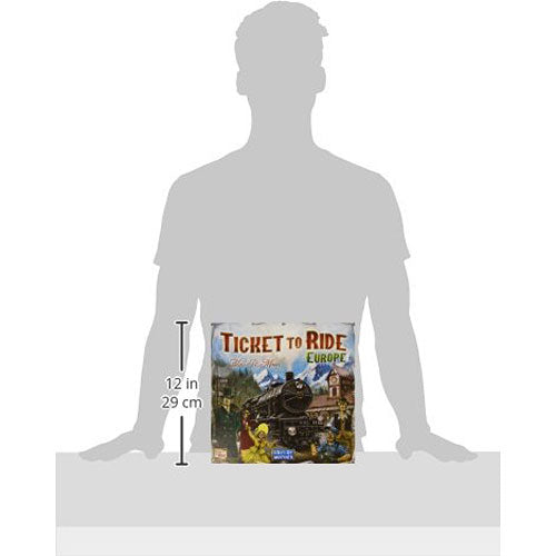 Ticket to Ride: Europe board game by Days of Wonder displayed vertically. The box features colorful artwork depicting a vintage train journey through European landscapes. Measuring 12 inches by 12 inches, the game invites players to build railway routes across the continent.