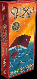 Dixit: Quest game box featuring vibrant artwork of a boy in a striped shirt sailing on waves with floating pages and a large book. The box highlights its family-friendly nature, suitable for 3-6 players ages 8 and up, playable in 30 minutes.