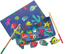 Colour Magnetic Fishing game by DJECO featuring a vibrant underwater scene with colorful wooden fish and sea creatures. The game includes a fishing rod with a magnet, allowing players to catch the fish from the illustrated box, enhancing fine motor skills and encouraging imaginative play.