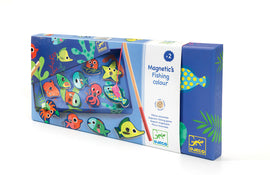 DJECO Colour Magnetic Fishing game featuring colorful wooden fish and sea creatures, designed for children aged 2 and up. The game includes a fishing pole with a magnet, allowing kids to enjoy a fun and engaging fishing experience while developing fine motor skills and color recognition.