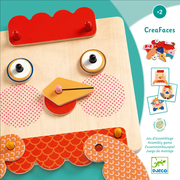 CreaFaces by DJECO is a colorful assembly game designed for children aged 2 and above. It features a wooden board with various shaped pieces like eyes, noses, and mouths. The pieces can be arranged to create fun, whimsical faces, promoting creativity and fine motor skills in young children.