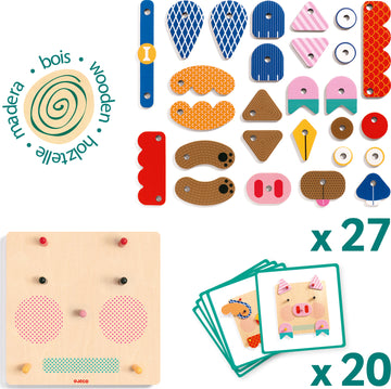 CreaFaces by DJECO is a creative DIY kit featuring a wooden board with colored pegs and various shaped pieces, allowing users to create different face designs. The kit includes 27 unique pieces and 20 face design cards that inspire imaginative play.