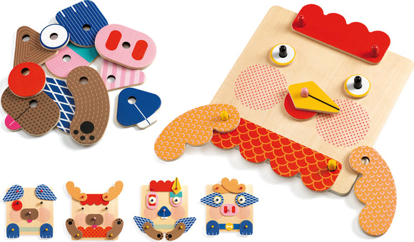 CreaFaces by DJECO is a colorful DIY kit featuring various playful wooden shapes that can be assembled to create fun animal faces. Includes multiple pieces shaped like animals, with vivid designs and holes for easy assembly. Perfect for nurturing creativity and enhancing fine motor skills in children.