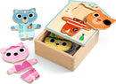 DJECO Dressup-Mix is a colorful mix-and-match wooden puzzle featuring cute animal characters. Includes a blue bear in a doctor's outfit, a pink cat in a dress, and an orange cat as a pirate. The puzzle pieces fit into a charming wooden storage box with a lid that showcases the character designs. Perfect for imaginative play and developing fine motor skills.
