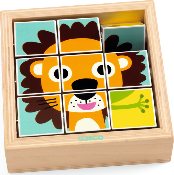 Tournanimo game by DJECO featuring colorful animal-themed tiles, arranged in a wooden frame. The design showcases a playful lion with a bright, cheerful expression, encouraging interactive play and cognitive development for young children.