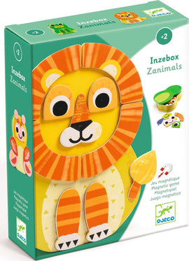Zenimals InZeBox by DJECO features a colorful magnetic game with animal pieces. The packaging prominently displays a cheerful lion design, surrounded by other playful animal graphics, suitable for kids aged 2 and up.