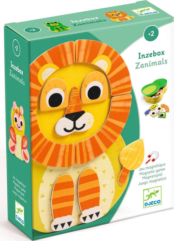 Zenimals InZeBox by DJECO features a colorful magnetic game with animal pieces. The packaging prominently displays a cheerful lion design, surrounded by other playful animal graphics, suitable for kids aged 2 and up.