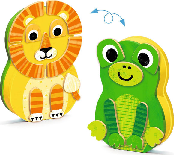 The Zenimals InZeBox from DJECO features charming, colorful wooden figures of a lion and a frog. The lion is yellow with orange stripes, and the frog is green with a smiling face. Each character is designed in a playful and engaging style, perfect for children's imaginative play and learning.