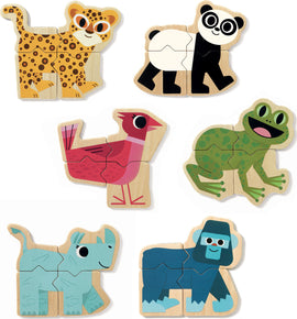 A colorful assortment of Mixanimo Wooden Magnets by DJECO featuring five animal designs: a leopard, panda, bird, frog, and gorilla, each made of wood and visually appealing for children.