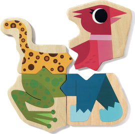 Colorful Mixanimo Wooden Magnets featuring whimsical animal shapes, including a spotted cat, a vibrant bird, and a green frog, all crafted from natural wood.