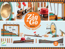 The Zig & Go Music DIY kit by DJECO features a colorful assortment of parts, including a small red vehicle, a gong, and various tracks. The set encourages creative play by allowing users to construct a musical marble run that produces sounds as balls roll through. It comprises 52 pieces designed for ages 8 and up, highlighting action-reaction mechanics that engage children's curiosity and fine motor skills.