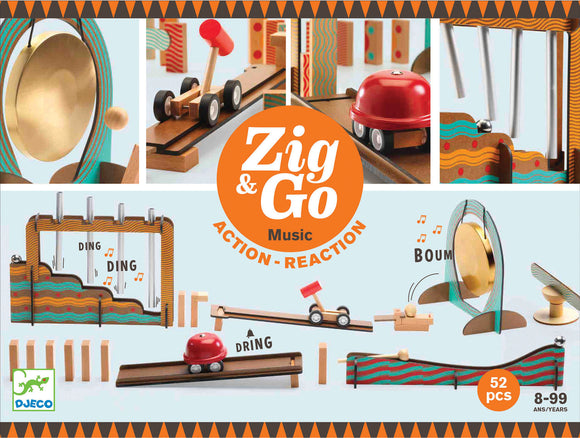 The Zig & Go Music DIY kit by DJECO features a colorful assortment of parts, including a small red vehicle, a gong, and various tracks. The set encourages creative play by allowing users to construct a musical marble run that produces sounds as balls roll through. It comprises 52 pieces designed for ages 8 and up, highlighting action-reaction mechanics that engage children's curiosity and fine motor skills.