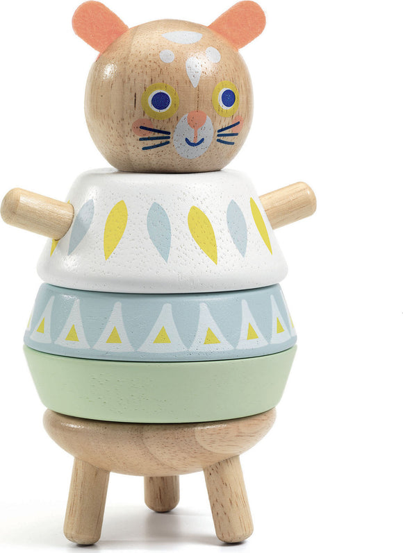 BabySouri is a charming wooden stacking toy made by DJECO. It features a playful design of a cat character with vibrant colors, including a round head with feline features and three stackable sections adorned with artistic patterns. The toy is mounted on four short legs, perfect for little hands to grasp and manipulate, encouraging imaginative play and fine motor skills development.