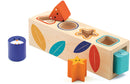 DJECO Boita Basic features a colorful wooden sorting box with various shaped blocks, including a star, triangle, and a round penguin block. The box has cutouts representing each shape, enhancing sensory and cognitive development for children.