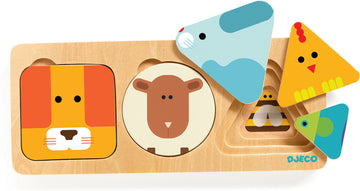 DJECO Anima Basic wooden jigsaw puzzle featuring colorful animal shapes including a dog, sheep, and bird. Designed for young children to enhance their cognitive skills and hand-eye coordination while playing.
