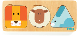 DJECO Anima Basic is a colorful wooden puzzle featuring three animal shapes: a lion, a sheep, and a rabbit, designed for toddlers to enhance shape recognition and fine motor skills. Each piece fits snugly into its corresponding space on a light wood base, showcasing bright colors and playful illustrations.