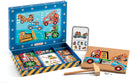 Tap Tap Vehicles by Djeco, featuring a colorful box filled with various wooden vehicle pieces, a cork base, a hammer, and illustrated challenge cards. Perfect for engaging children in creative play and developing fine motor skills.