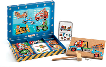 Tap Tap Vehicles by Djeco, featuring a colorful box filled with various wooden vehicle pieces, a cork base, a hammer, and illustrated challenge cards. Perfect for engaging children in creative play and developing fine motor skills.