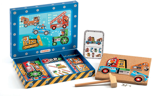 Tap Tap Vehicles by Djeco, featuring a colorful box filled with various wooden vehicle pieces, a cork base, a hammer, and illustrated challenge cards. Perfect for engaging children in creative play and developing fine motor skills.