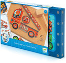 Djeco Tap Tap Vehicles game includes colorful wooden pieces shaped like various vehicles. Features a wooden mallet, screws, and a cork board for assembly. Ideal for enhancing fine motor skills and imaginative play for children aged 4 and up.