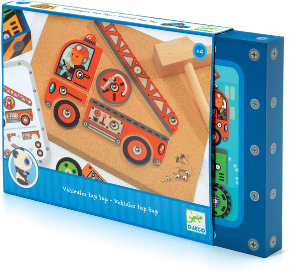 Djeco Tap Tap Vehicles game includes colorful wooden pieces shaped like various vehicles. Features a wooden mallet, screws, and a cork board for assembly. Ideal for enhancing fine motor skills and imaginative play for children aged 4 and up.
