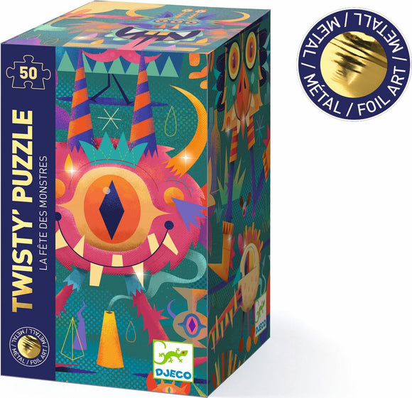 DJECO Monster Party Wizzy Puzzle jigsaw puzzle box featuring vibrant, colorful artwork of whimsical monsters and playful shapes, designed for children with 50 pieces.