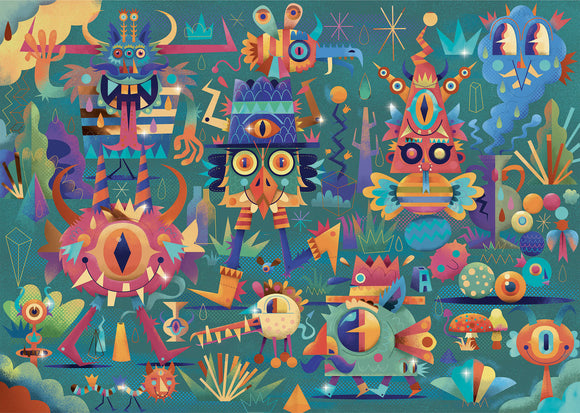 The Monster Party Wizzy Puzzle by DJECO features a vibrant and whimsical illustration of colorful monsters and playful characters set against a geometric background. This jigsaw puzzle encourages creativity and problem-solving with its engaging design, perfect for children's development and enjoyment.
