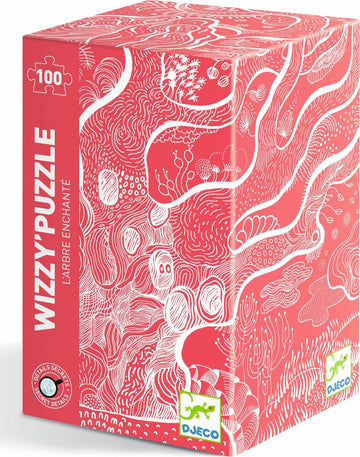The Enchanted Tree Wizzy Puzzle by DJECO, featuring a vibrant red box adorned with intricate white line drawings of organic shapes, bubbles, and nature-inspired motifs. The puzzle consists of 100 pieces, inviting players into a whimsical and enchanting world.