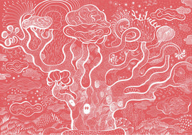 A colorful jigsaw puzzle titled 'The Enchanted Tree Wizzy Puzzl' by DJECO. The illustration features a whimsical tree design intertwined with abstract shapes, clouds, and foliage in bright colors against a vibrant pink background, inviting creativity and imagination.