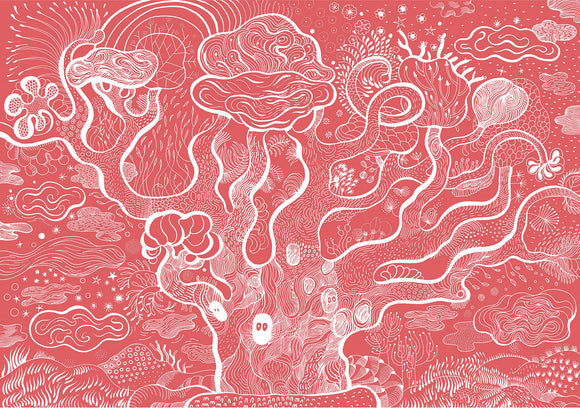 A colorful jigsaw puzzle titled 'The Enchanted Tree Wizzy Puzzl' by DJECO. The illustration features a whimsical tree design intertwined with abstract shapes, clouds, and foliage in bright colors against a vibrant pink background, inviting creativity and imagination.