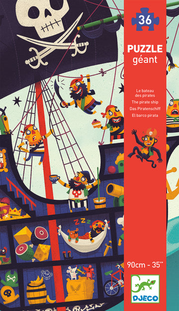 The Pirate Ship Giant Floor Puzzle by DJECO features a colorful illustration of a pirate ship filled with fun characters and treasures. The puzzle displays cheerful pirates engaging in playful activities on the ship, accompanied by a vibrant background of waves and a skull flag. Ideal for young puzzle enthusiasts, the giant floor puzzle is designed for easy assembly and encourages imaginative play.