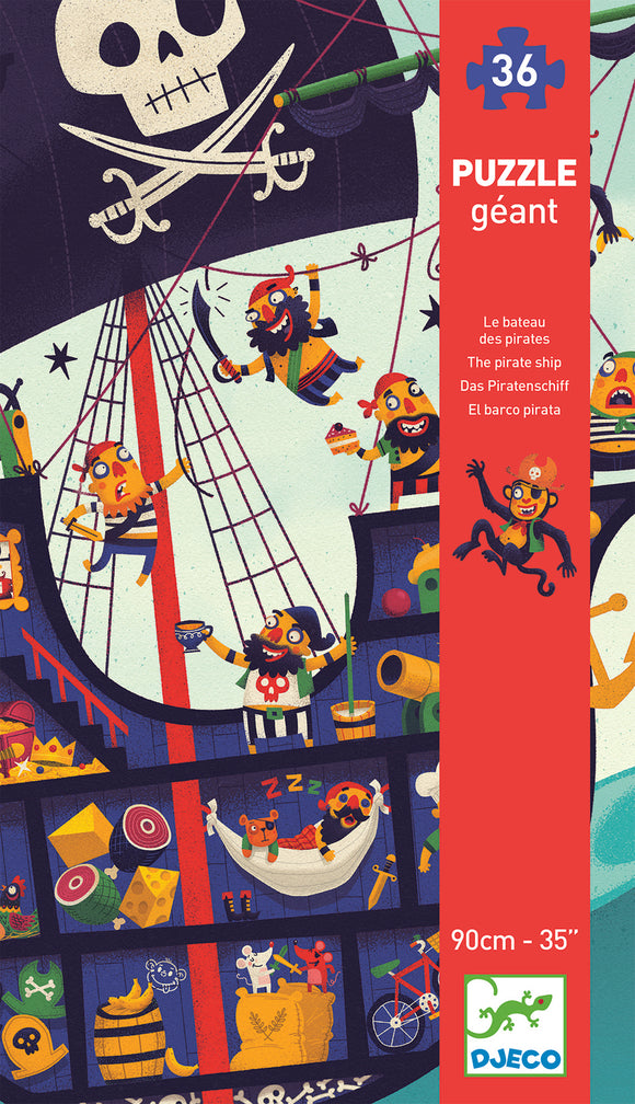 The Pirate Ship Giant Floor Puzzle by DJECO features a colorful illustration of a pirate ship filled with fun characters and treasures. The puzzle displays cheerful pirates engaging in playful activities on the ship, accompanied by a vibrant background of waves and a skull flag. Ideal for young puzzle enthusiasts, the giant floor puzzle is designed for easy assembly and encourages imaginative play.