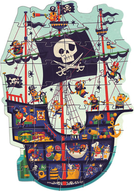 The Pirate Ship Giant Floor Puzzle by DJECO displays a vibrant, colorful illustration of a pirate ship, complete with playful pirates, treasure, and whimsical details. The jigsaw puzzle features intricately shaped pieces that form a fun depiction of life at sea, ideal for engaging young minds.